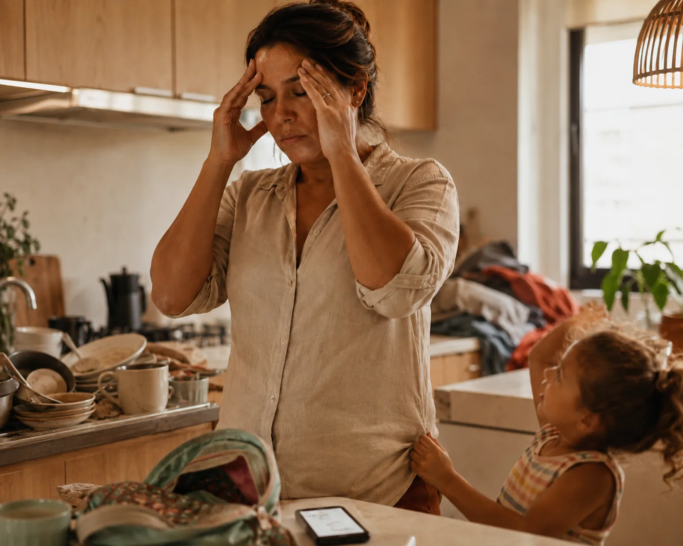 Mãe exausta na cozinha no fim da tarde, com a filha pedindo atenção